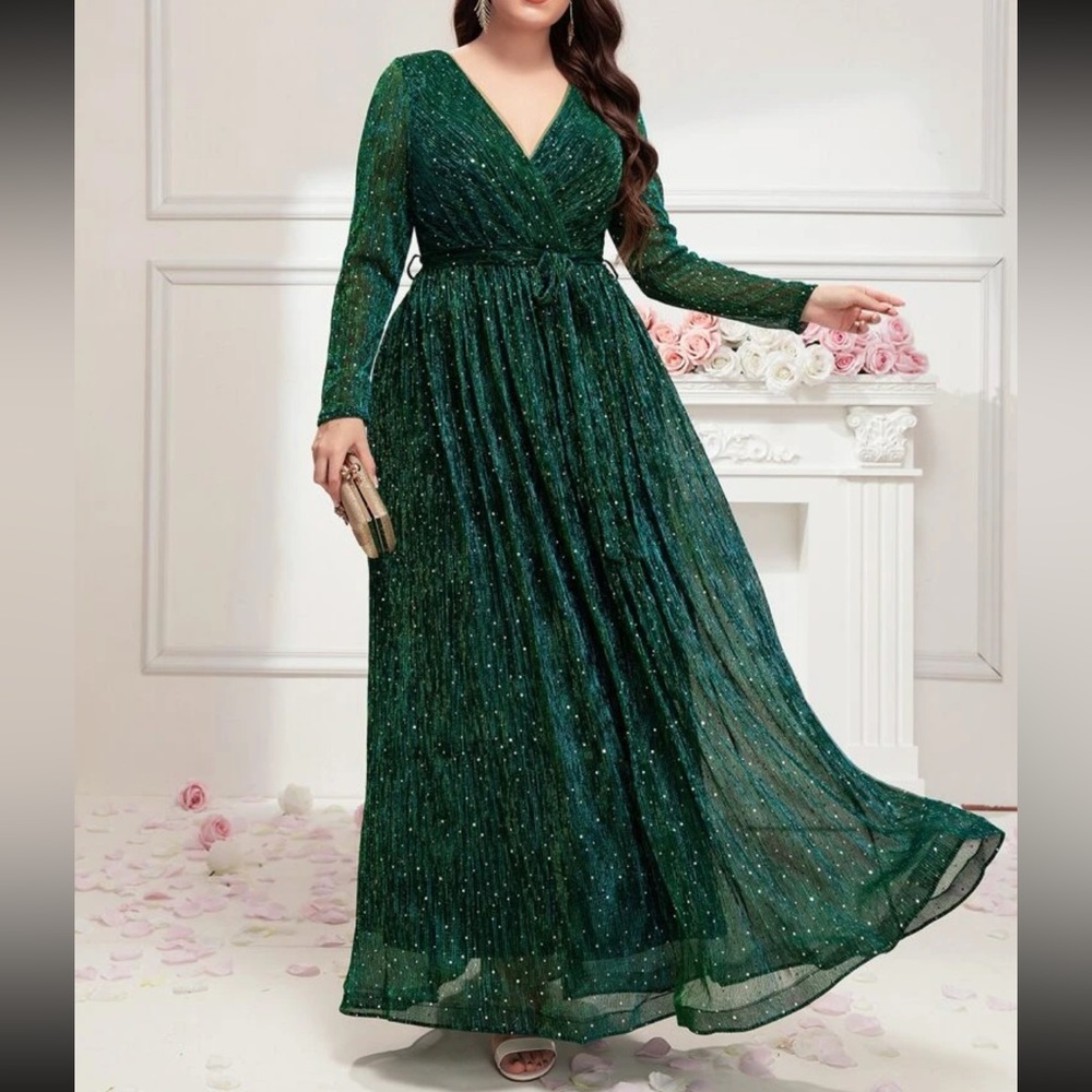 Plus size luxe surplice neck belted party formal prom gown dress